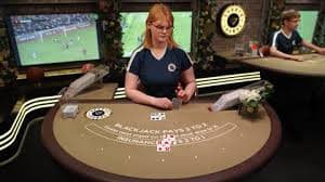 Blackjack player interface with hit, stand, double, and split buttons visible